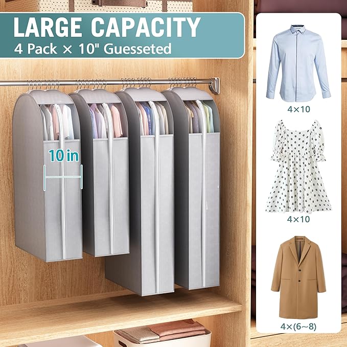 Liuoud 10" Gusseted Garment Bags for Hanging Clothes with Clear Window (40&50") Suit Bags for Open Closet Storage, Clothing Cover for Coat, Dress, Jacket, Shirt, Fur Wardrobe Protector, 4 Packs