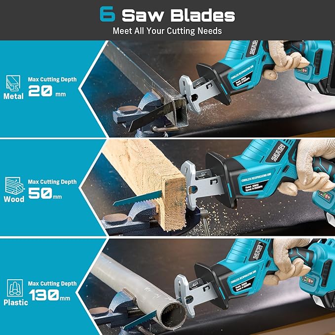 SEESII Reciprocating Saw Cordless, Variable Speed 3500 RPM Brushless Motor with 6 Saw Blades, 2 x 4.0Ah Batteries, LED Light, Tool‑Free Blade Change, Portable for Wood PVC Cutting