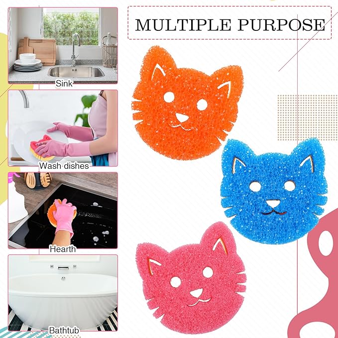 3 Pcs Dual Sided Scrub Sponge Multi Functional Cute Temperature Sensitive Non Scratch Dish Sponge for Washing Dishes Kitchen Bathroom(Cat,Pink, Orange, Blue)