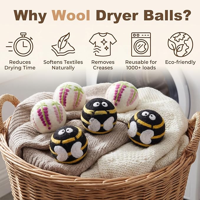 Soulchen 6 Pack Reusable Wool Dryer Balls with Cute Design, Laundry Accessories for Efficient Drying Soften Laundry Reduce Wrinkles Static Pet Hair Remover (Bee Flower)