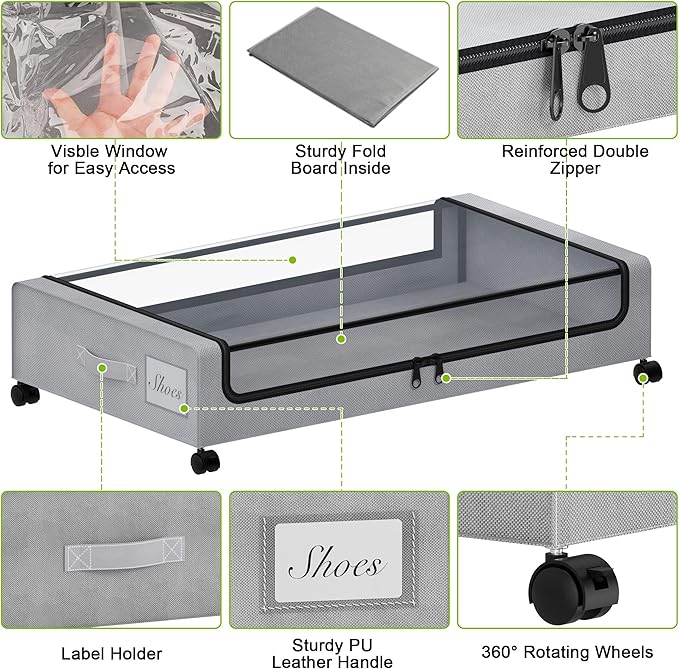 Tututry Under Bed Storage with Wheels, XXL 60L Under the Bed Storage Bins, Underbed Storage Containers with Lids & Label, Rolling Metal Drawer for Shoes, Clothes, Books, Toys (4-Pack Gray)