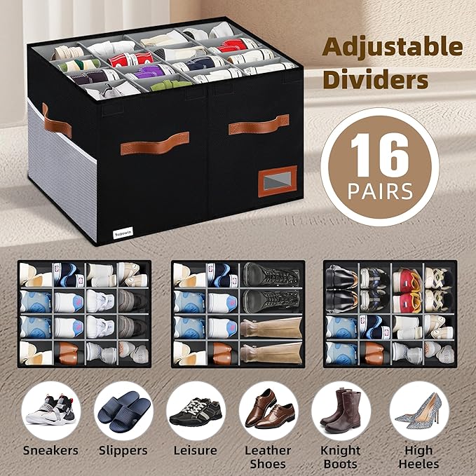 Supowin Shoe Organizer for Closet, Foldable Shoe Storage Bins with Lid & Adjustable Dividers, Fabric Shoe Box Storage Containers with Four Reinforced Handles, Fits 16 Pairs, 1 Pack, Black