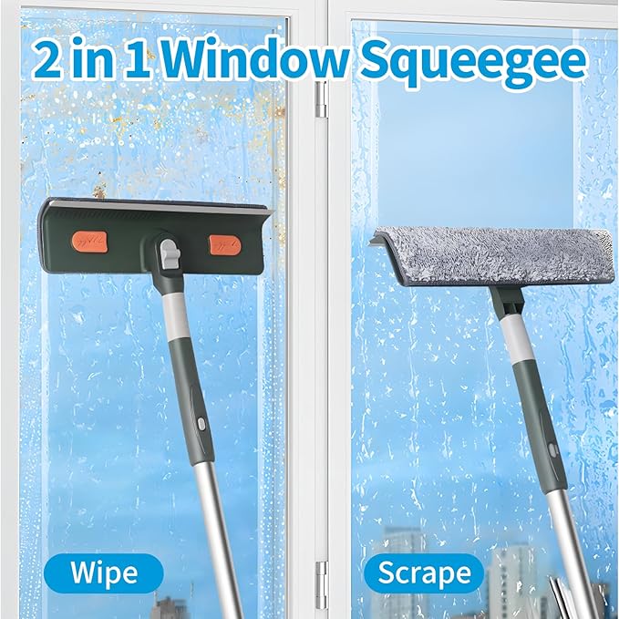 Window Cleaner Tool Window Squeegee Cleaning Kit with Extension Pole 57" Long Handle Rotatable High Windows Washing Kit for Home Indoor & Outdoor, Detachable Washer Tool Squeegee for Car Shower Glass