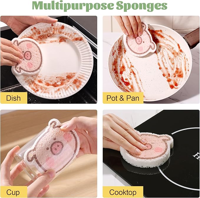 JOYMOOP Kitchen Sponge for Washing Dishes, 4 Pack Cartoon Cellulose Sponges for Cleaning, Reusable Non-Scratch Sponges for Household, Car Interior and Pet Supplies - Piggy Pattern