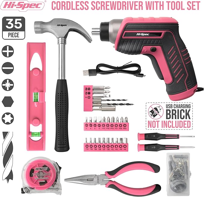Hi-Spec 35-Piece Tool Kit with 3.6V USB Small Electric Screwdriver Set, Pink Drill Set for Women, Tool Kit for Home