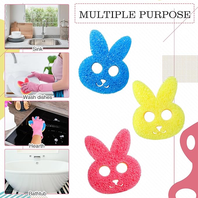 3 Pcs Dual Sided Scrub Sponge Multi Functional Cute Temperature Sensitive Non Scratch Dish Sponge for Washing Dishes Kitchen Bathroom(Rabbit,Pink, Yellow, Blue)