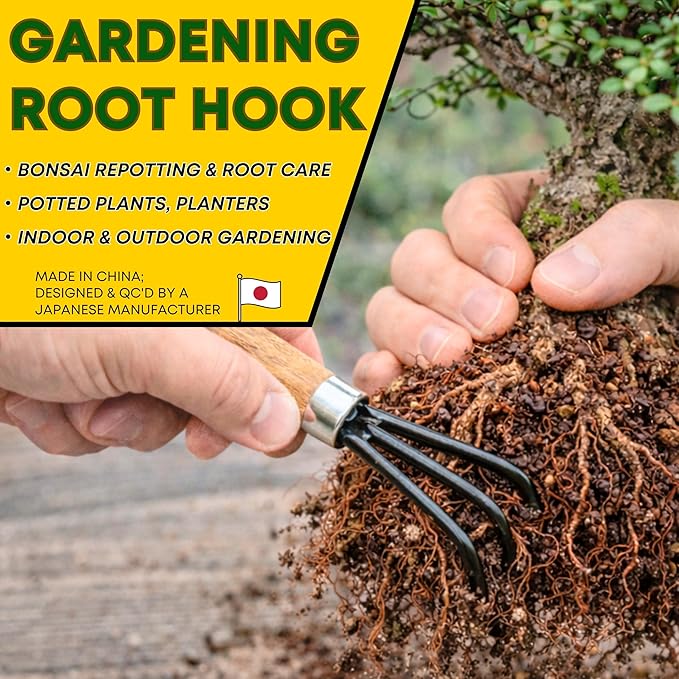Garden Helper Triple Claw Root Hook for Plants - Bonsai Repotting Tool - Heavy Duty Hardened Steel Blade with Ergonomic Wood Handle