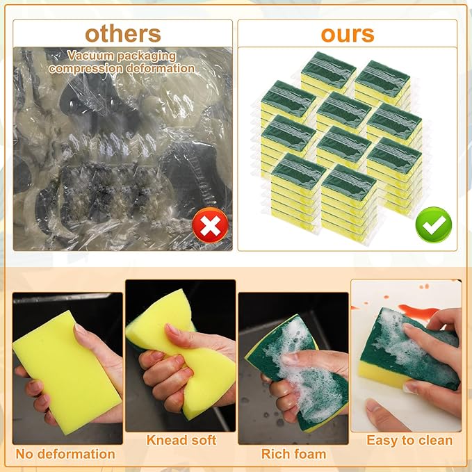 100 Pcs Individually Wrapped Sponges, Uncompressed Non Scratch Scrouing Sponges for Household Cleaning Dishes Kitchen Airbnb Apartment Car Bike Green