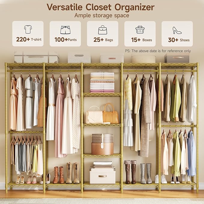 ONBRILL F5 Extra Large Industrial Pipe Clothing Rack, Freestanding Portable Closet Organizer System with Shelves & Hanging Rods, 88.6'' Wide Heavt Duty Clothes Rack, Max Load 1300lbs, Gold