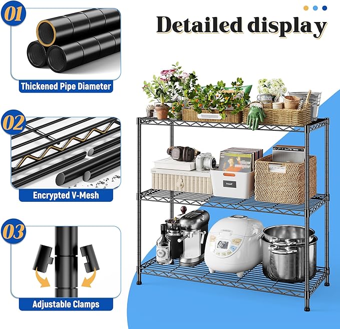 3- Shelf Metal Shelving Unit 35.6Wx14Dx36H,Adjustable Storage Shelves Heavy Duty Garage Steel Shelving for Office,Wire Rack Small Shelf for Kitchen Shelves Laundry Bathroom Pantry Closet Black,2pc