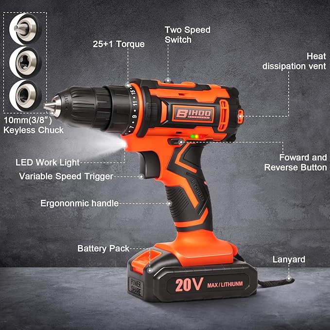 20v Drill Driver Set,Cordless Drill with Battery and Charger,LED Tools Kit,25+1 Torque Setting,43pcs Drill Bits