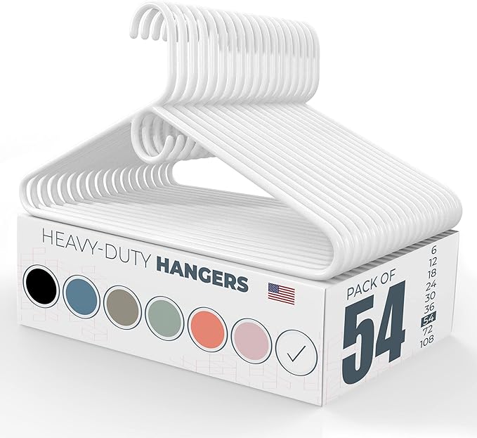 Neaties Heavy Duty Clothes Hangers 50 Pack (54 Count) – Made in the USA – 8lb Capacity Plastic Hangers for Adult Clothing – Durable for Pants, Coats, Jackets, or Jeans – White