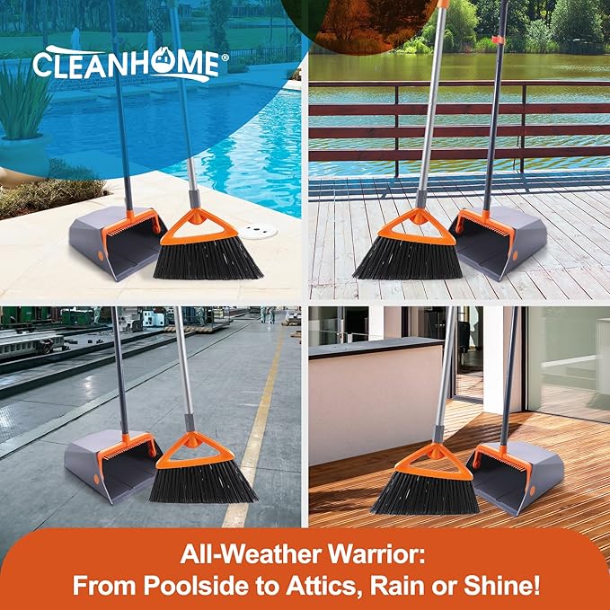 Heavy Duty Outdoor Broom and Dustpan Set with Long Handle, Standing Dustpan & Split-End Bristles for Patio, Garage, Deck, Leaves Debris Cleaning