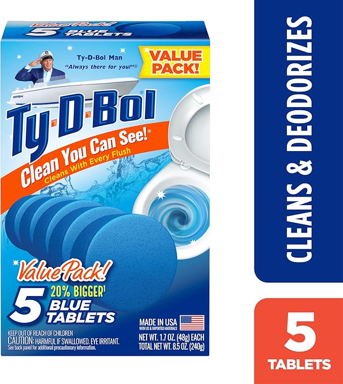 Ty-D-Bol Blue Tablets Value 5 Pack, Cleans and Deodorizer Toilets for a Fresh Smelling Bathroom