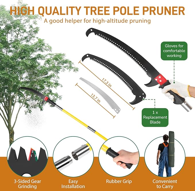 Outvita Manual Pole Saw, 30 Feet Extendable Tree Pruner with Knives and Storage Pocket, Sharp Steel Blade and Scissors High Branches Trimming for Pruning Palms and Shrubs(Yellow)