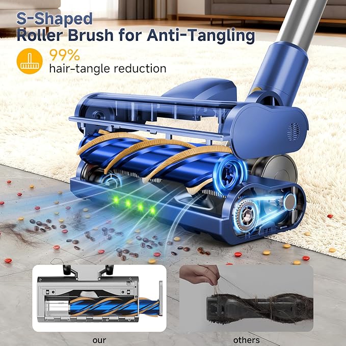 Shieal Cordless Stick Vacuum Cleaner - 45KPA Powerful Suction Vacuum with 45 Min Runtime, Detachable Battery, Anti-Tangle & 1.5L Dust Cup, 8 in 1 Vacuum Cleaner for Pet Hair, Carpet, HardFloor, Blue