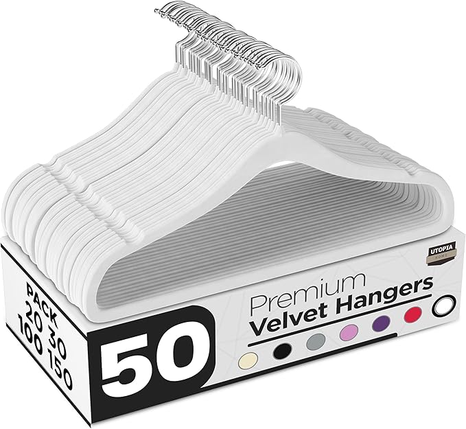 Utopia Home Velvet Hangers 50 Pack – Luxury Non-Slip Slim Pant & Coat Hangers, Strong Space-Saving Clothes Hangers with Pants Bar and 360° Swivel Hook – White
