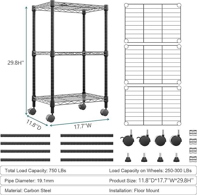 M MZG 3 Tier Shelf Metal Storage Shelves Wire Rack Closet Organizers with Wheel for Garage Kitchen Bathroom Laundry Black 11.8" D x 17.7" W x 29.8" H