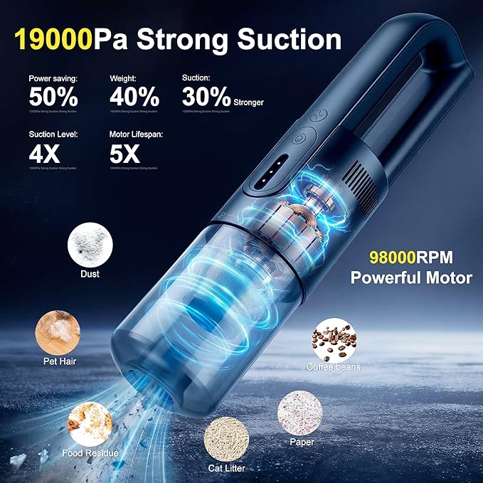Handheld Vacuum Cordless, 5-in-1 Car Vacuum Portable Cordless 30 Mins Rapid Rechargeable Hand Vacuum Brushless Motor 19000Pa Strong Suction, Dust Busters for Car Home with 4 Nozzles, Black