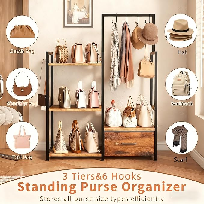 Industrial 4-Tier Storage Shelf with Drawer & Hanging Hooks - Metal & Wood Entryway Organizer Rack for Bedroom, Living Room - Freestanding Clothing Coat Rack with Multi-Level Shelves (Brown)