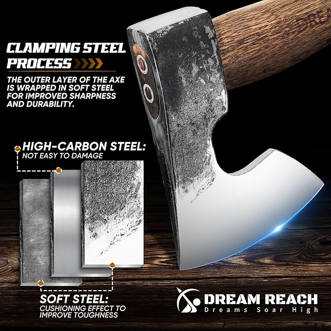 Dream Reach Hatchet Axe 14.5" Camping Hatchet with Sheath Bushcraft Axe with Carbonized Handle, Hand Forged Carving Axes, Splitting Hatchets for Chopping Wood, Gardening, for Men