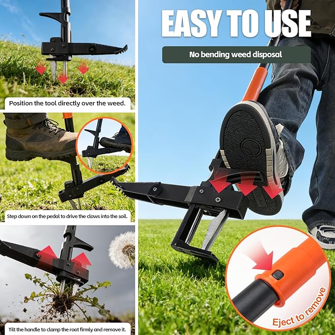 Weed Puller, 4-Claw Stand Up Weed Puller Tool with Long Handle & Steel Head, 41" Adjustable T-Handle Weeder Tool, Easily Remove Weeds Root Without Bending, Pulling, or Kneeling
