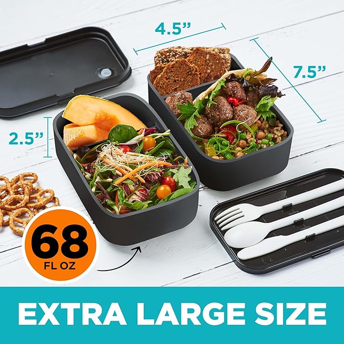 KARRICO Double Premium Bento Box Adult, 67 fl oz BPA-Free - Black Stackable Lunch Box with Leak-Proof Lids & Dividers, Perfect for Meal Prep, Lunches & Portion Control