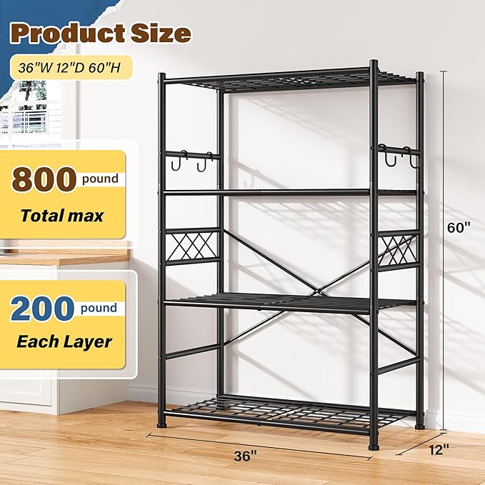 Storage Shelves 4-Tier Large Capacity Metal Shelving with Hooks, Heavy Duty Garage Shelving Unit with Leveling Feet, Stable Metal Shelves for Pantry, Kitchen and Closet,36" W x 12" D x 60" H, Black