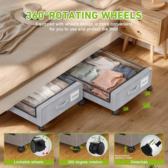 YAASHEEN Under Bed Storage with Wheels, 4-Pack Under the Bed Storage Containers with Clear Lids & Label, Underbed Storage Bins, XXL 60L Rolling Metal Drawer for Clothes, Shoes, Toys, Books - Gray