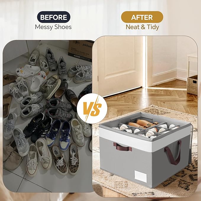 Criusia Shoe Organizer for Closet, 2 Pack Foldable Shoe Storage Organizer Box Bin with Adjustable Dividers and Clear Cover, Closet Shoe Storage for Sneakers Sandals Boots, Fit 16-32 Pairs, Gray