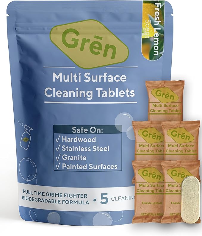 Gren Multi Surface Cleaner, all purpose cleaner refill Tablets, animal friendly cleaning products, all purpose cleaner concentrate, kitchen degreaser cleaner, non toxic cleaning spray, 5 Count