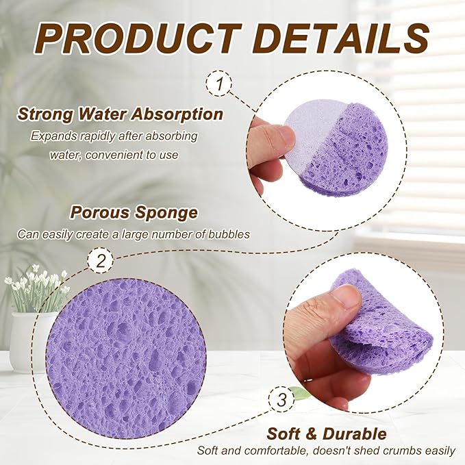 uxcell 10Pcs Cellulose Sponges, Round Kitchen Clean Sponges Non-Scratch Compressed Dish Scrubber for Kitchen Household Cookware Bathroom Cleaning & DIY, Purple