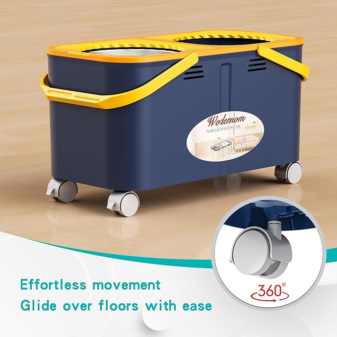 Compact Spin Mop and Bucket with Clean & Dirty Water System, Floor Mop with 360° Swivel Wheels, 61" Handle, 6 Reusable Mop Heads for for Wood, Tile, Vinyl, Baseboards- Blue/Yellow