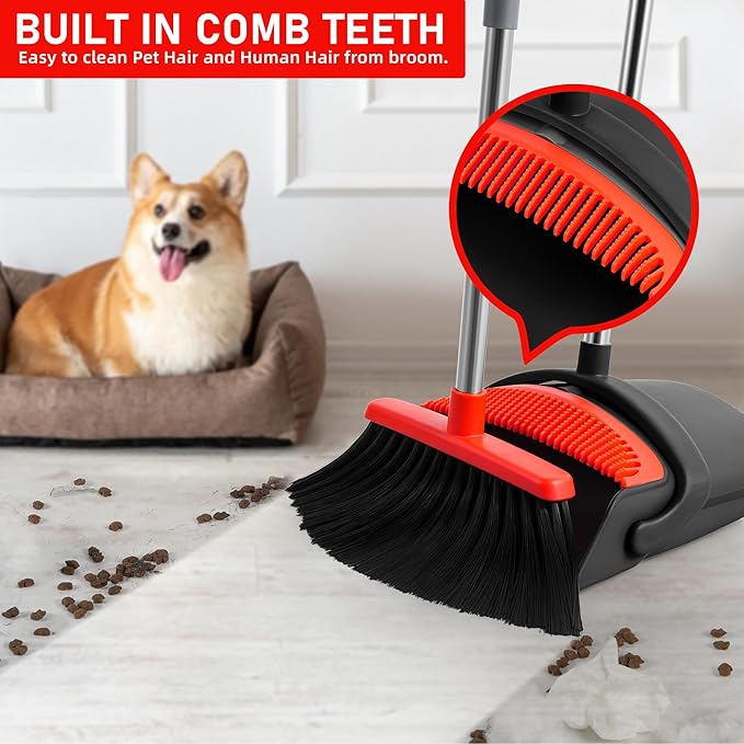 Broom with Dustpan Combo Set for Home 54-in Long Adjustable Handle Angle Broom and Dustpan Set with Dustpan Comb Teeth for Sweeping Pet Hair Food Dirt Kitchen (Black)