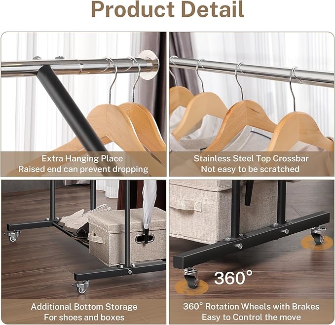 VICERII Clothing Rack, Heavy Duty Clothes Racks with Wheels and Bottom Shelf, 52.36’’ Metal Double Clothing Racks with Wheels, Wardrobe Rack for Hanging Clothes, Coats, Shirts, Skirts, Dresses, Black