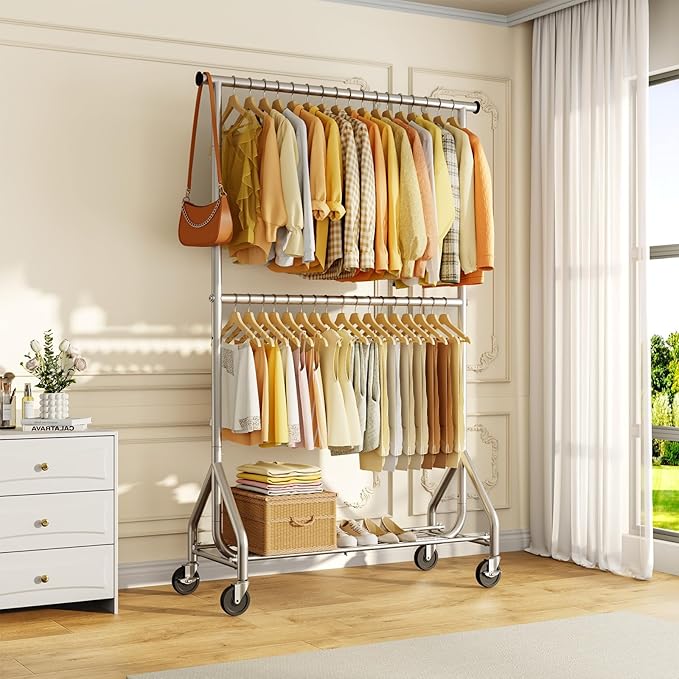 HYSEYY Heavy Duty Clothes Rack, Double Rod Clothing Rack for Hanging Clothes, Rolling Garment Rack, Adjustable Freestanding Wardrobe Closet Coat Rack for Bedroom Laundry Living Room, Silver