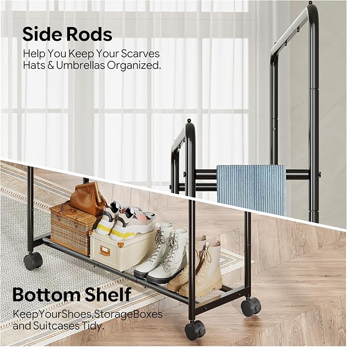Simple Trending Clothing Clothes Rack Double Rods with Wheels, Rolling Metal Garment Rack for Hanging, Black