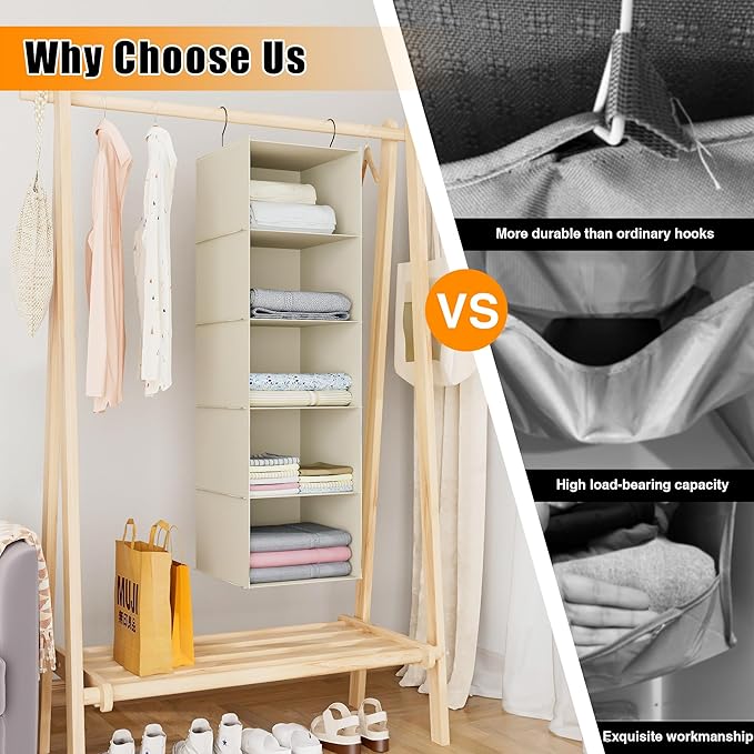 Hanging Closet Organizer, Easy Mount Foldable 5-Shelf Hanging Closet Wardrobe Storage Shelves, Clothes Handbag Shoes Accessories Storage, Washable Oxford Cloth Fabric, Beige