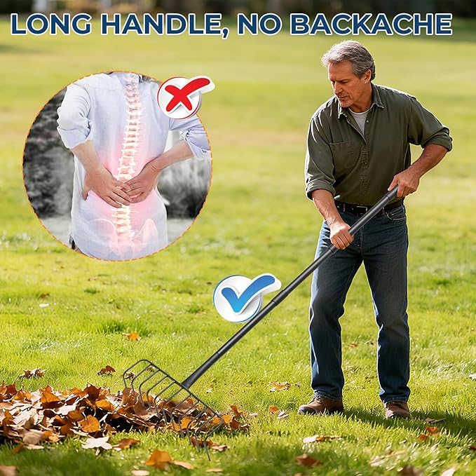 85" Adjustable Rake with 16" Wide Lightweight L-Shaped Head - No-Bend Gardening Tool for Hay, Leaves, and Mulch - Comfortable Metal Rake to Prevent Back Pain