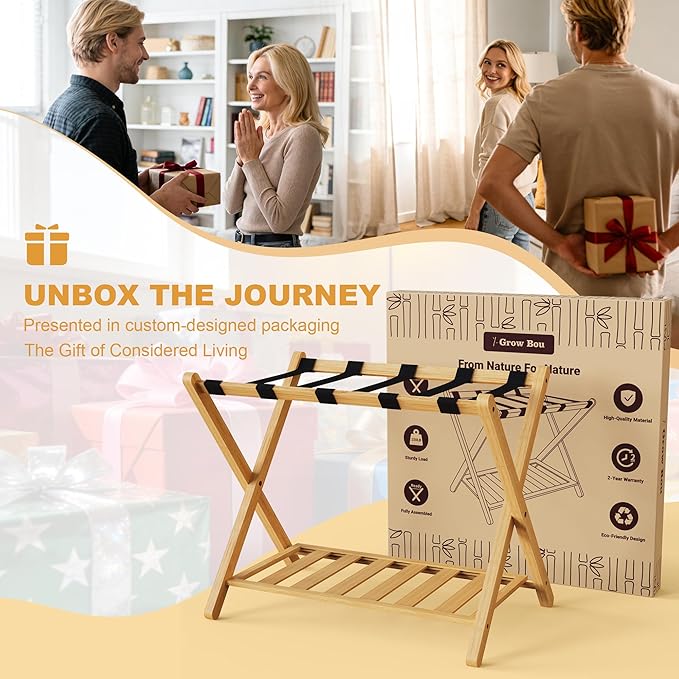Fully Assembled 26.77" Luggage Stand, Bedroom, Hotel - Natural Bamboo Suitcase Stand, Foldable with 2 Layers - Luggage Racks for Suitcases, up to 165 lbs