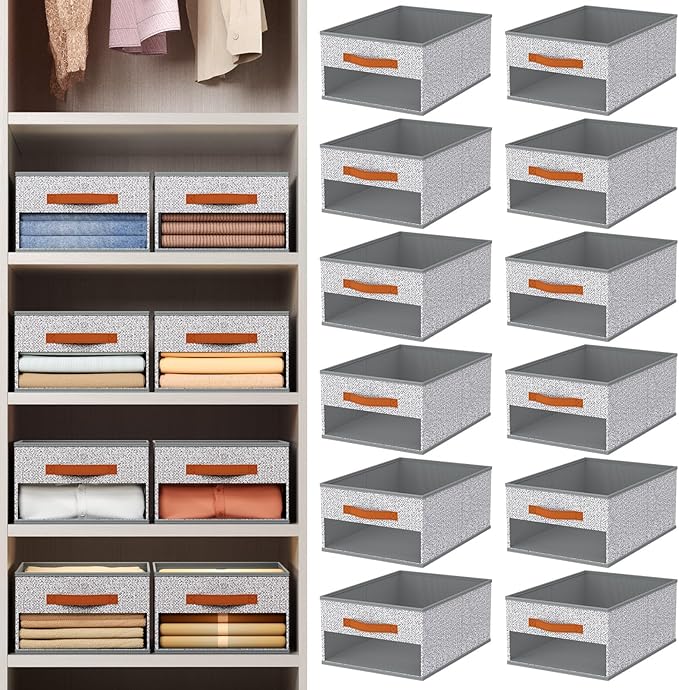 Homsorout Drawer Organizers and Storage - 12 Pack Foldable Pants Organizer with Clear Window & Handles, Fabric Closet Organizer for Clothes, Jeans, Sweaters, Towels, T-shirt, Scarf (Ant Light Gray)