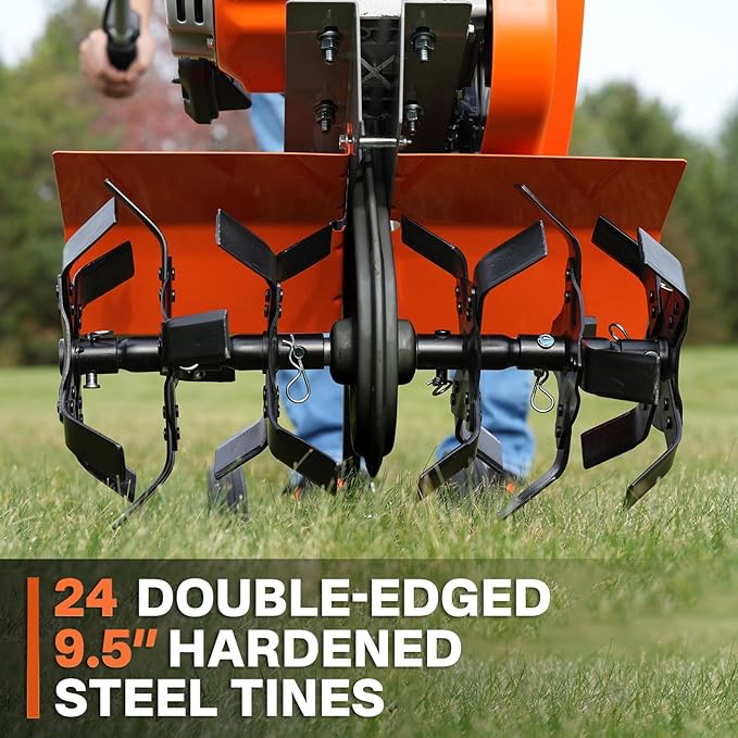 NOVUS 2 in 1 Gas Tiller Cultivator with 79cc 4-Cycle Engine, 9"-17" Tool-Free Tilling Width Adjustment, 24 Steel Tines, Never-Flat Wheels,Front Tine Gardon Tiller for Lawn, Field Soil Cultivation