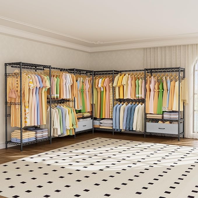 Golpart Coat Rack Clothes Wardrobe：Closet Organizer and Storage Clothing Garment Rack with Shelves Heavy Duty for Hanging Clothes Portable Adjustable Black 15.8" DX69 WX76.5 H
