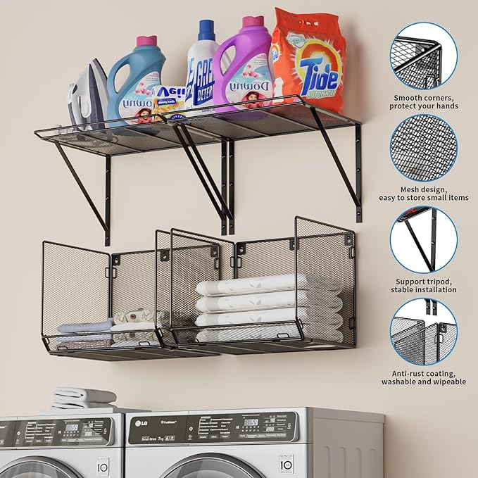2 Pack Laundry Room Shelves Organization and Storage,Wall Mounted Clothes Drying Rack with Wire Mesh Basket Over Washer and Dryer, (Black, 2 Pack)