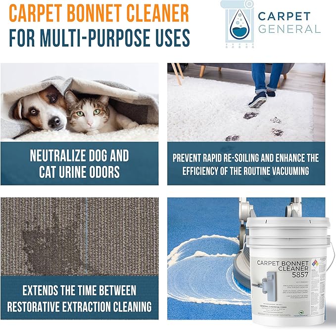 Bonnet Cleaner 5857 - Heavy Duty Shampoo Carpet Freshener Solution for Machine - Fast Drying & Pet Safe Carpet Shampoo for Rotary Cleaners, Commercial, & Industrial Use - 5 Gallon Pail