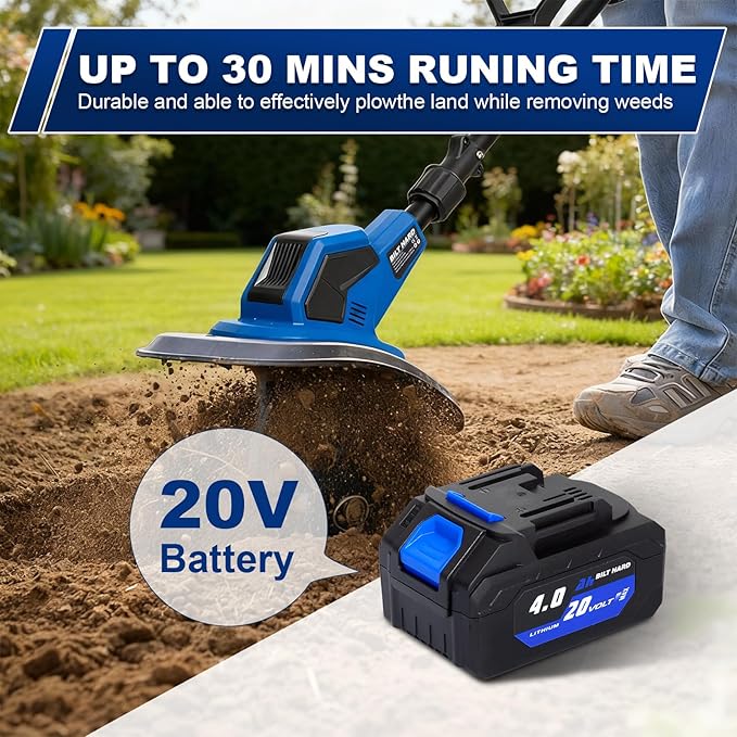 BILT HARD 20V Cordless Tiller Cultivator, 8.7'' Working Width Battery Powered Garden Cultivator, 300RPM Electric Tiller for Lawn, Gardening, Soil Cultivation (4.0AH Battery and Charger Included)