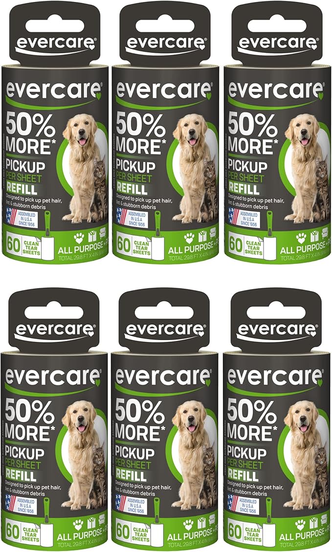 Evercare Extra Sticky Pet Lint Roller Refill 60 Sheets, 6-Pack