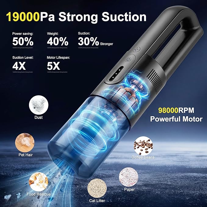 Handheld Vacuum Cordless, 5-in-1 Car Vacuum Portable Cordless 30 Mins Rapid Rechargeable Hand Vacuum Brushless Motor 19000Pa Strong Suction, Dust Busters for Car Home with 4 Nozzles, Gray