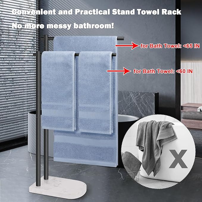Livabber Standing Towel Rack, 304 Stainless Steel 2-Tier Towel Holder Stand with Marble Base, Modern Stylish Tall Shower Towel Bar for Bathroom Accessories, Pool（Black）
