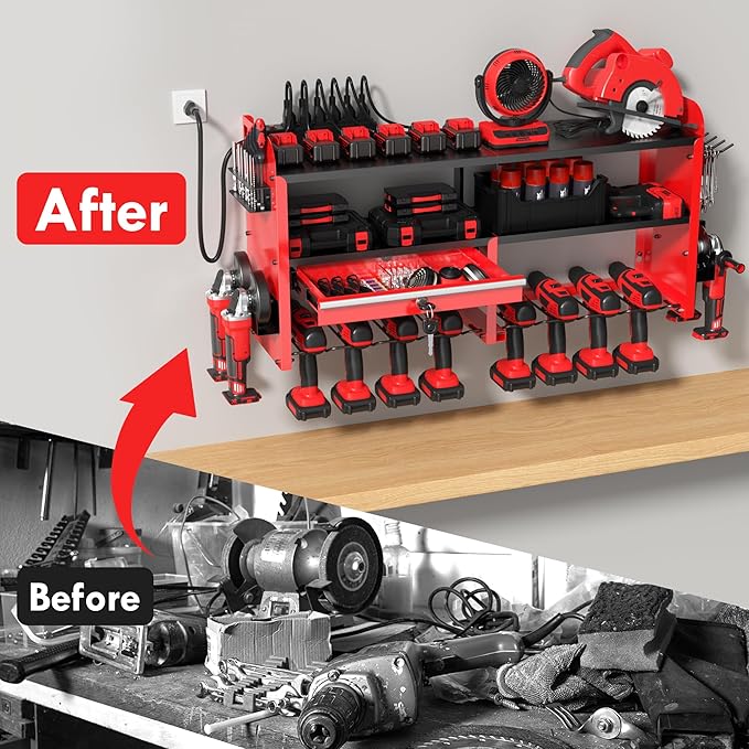 KSVO Power Tool Organizer Wall Mount with Drill Rack, Grinder Holder, Hammer & Pliers Rack, Locking Drawers, 6-Outlet Charging Shelf – Heavy Duty Metal Tool Storage for Garage, Workshop (Red)